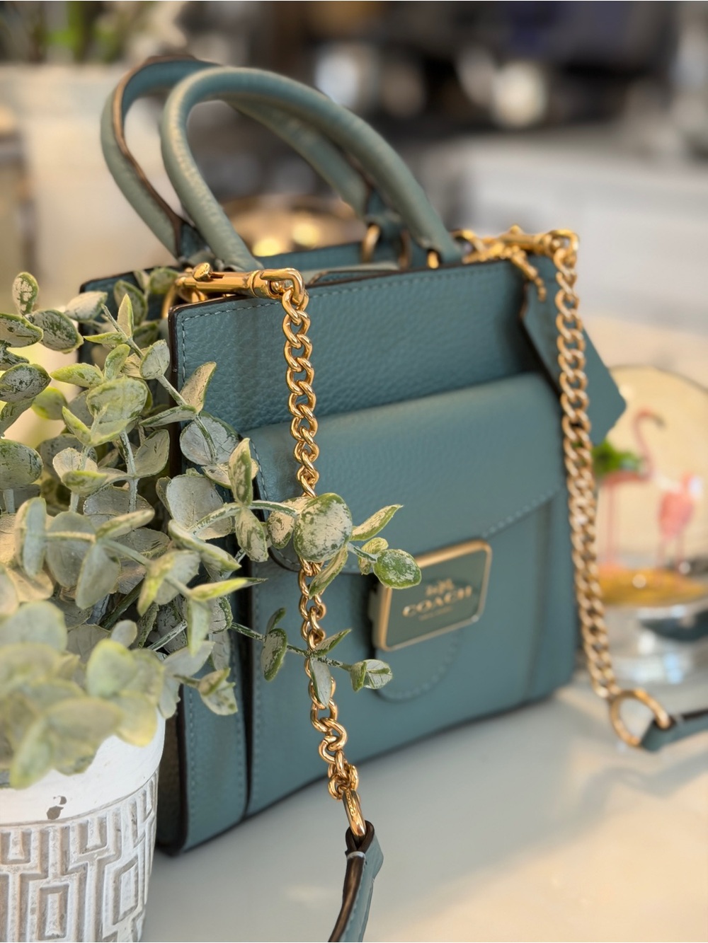 Coach Teal Leather Satchel with Gold Hardware - Picture 9 of 16